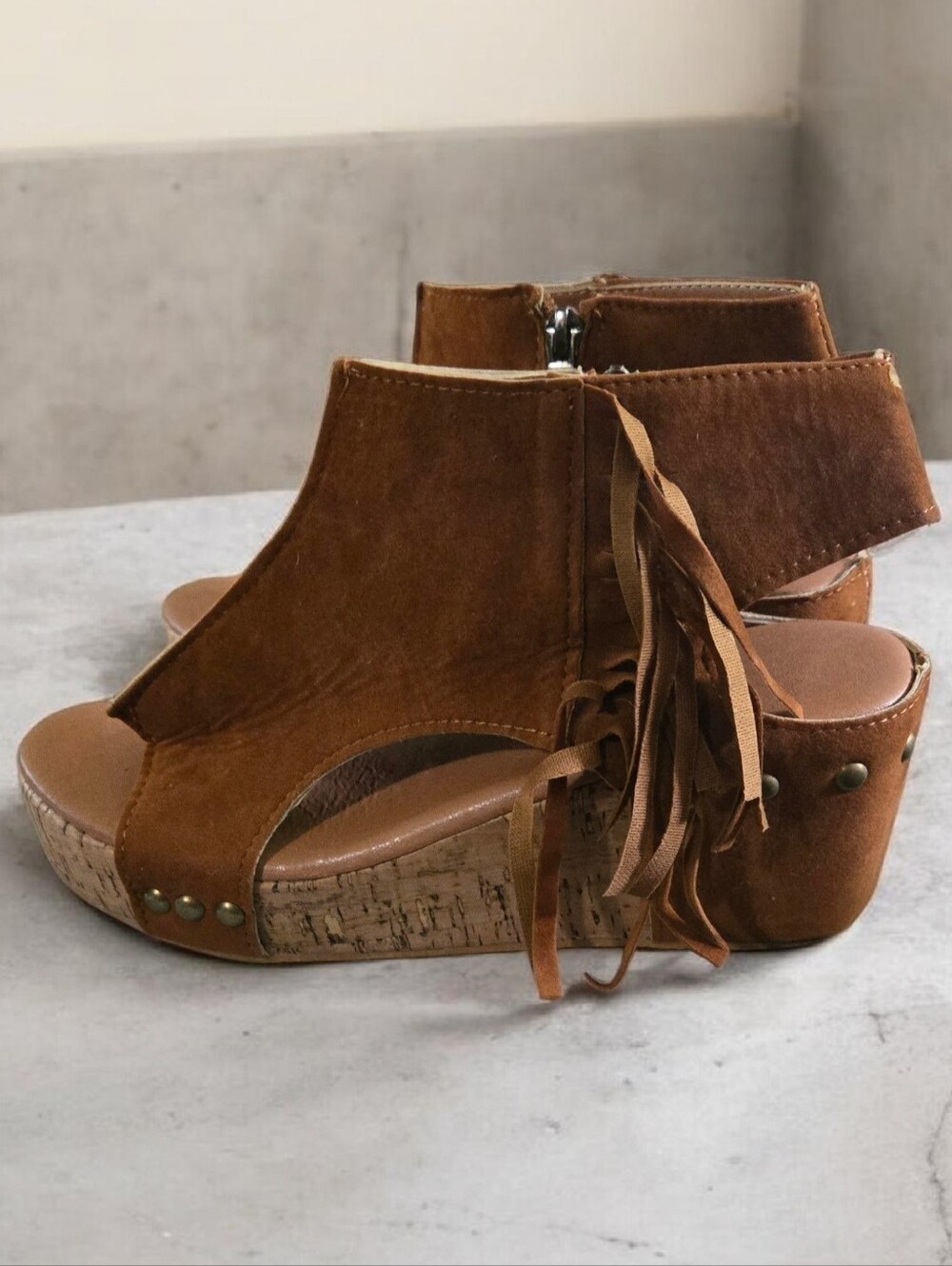 NWT! Brown Suede Fringe Wedge Sandals - Women's